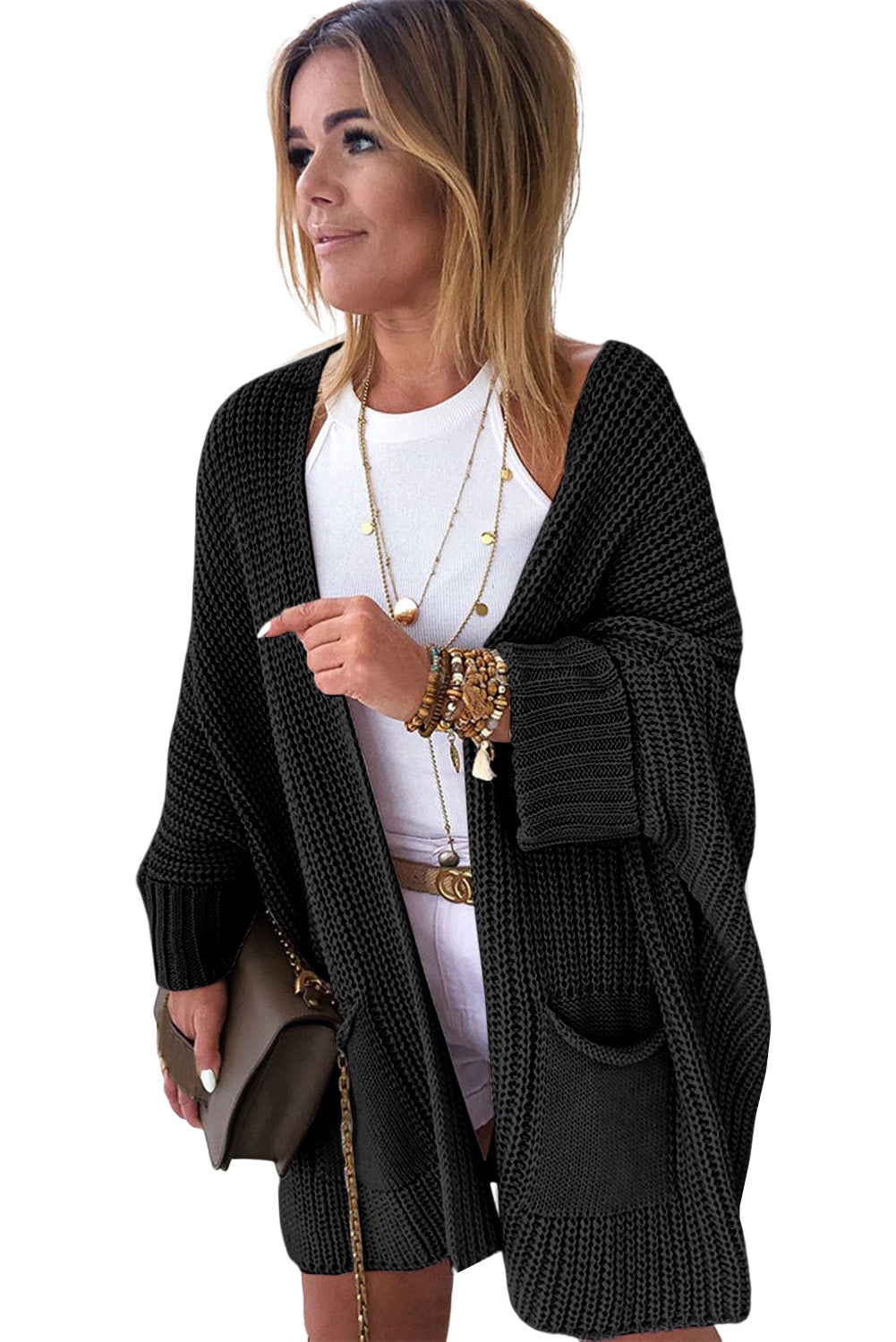 Black Oversized Fold Over Sleeve Open Front Cardigan