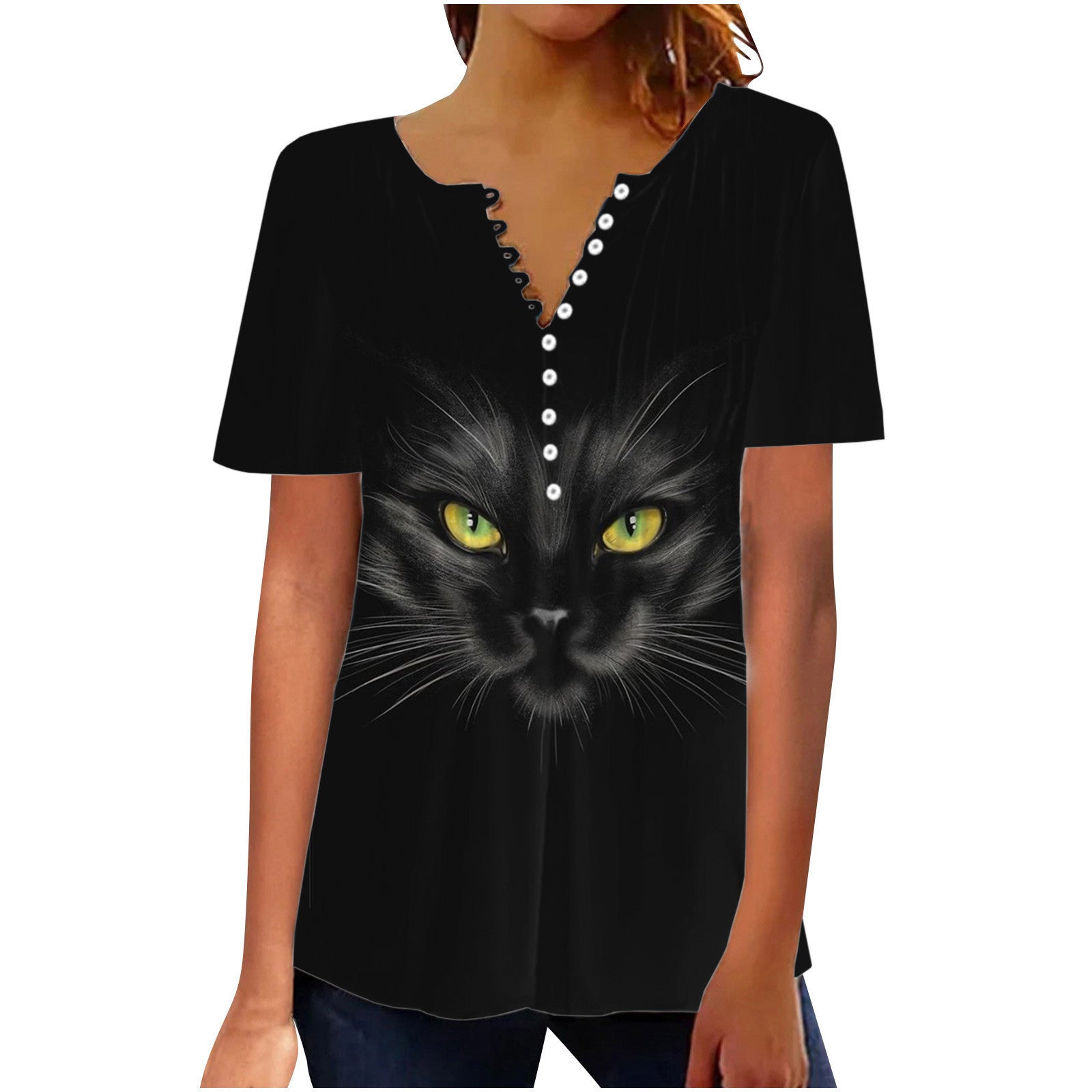 Women's Digital 3D Printed Pleated Round Neck T-shirt