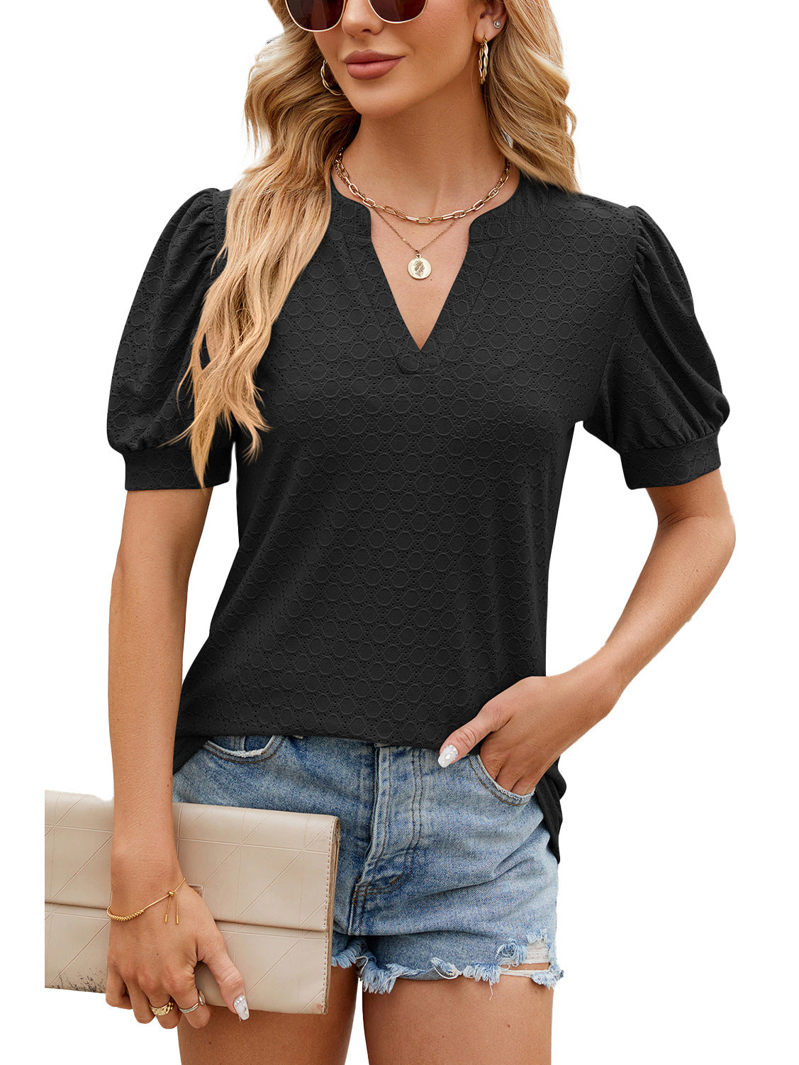 Womens Fashionable Loose Short-Sleeve Top With Bubble Sleeves And A V-Neck