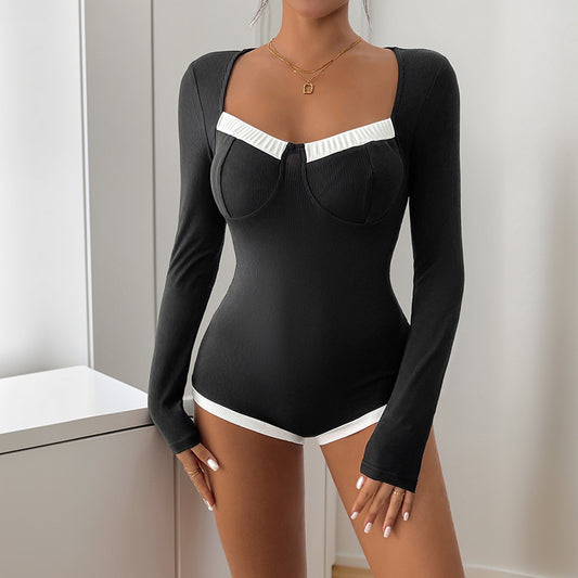 Long Sleeve Square-neck Contrast Color Knitted Jumpsuit