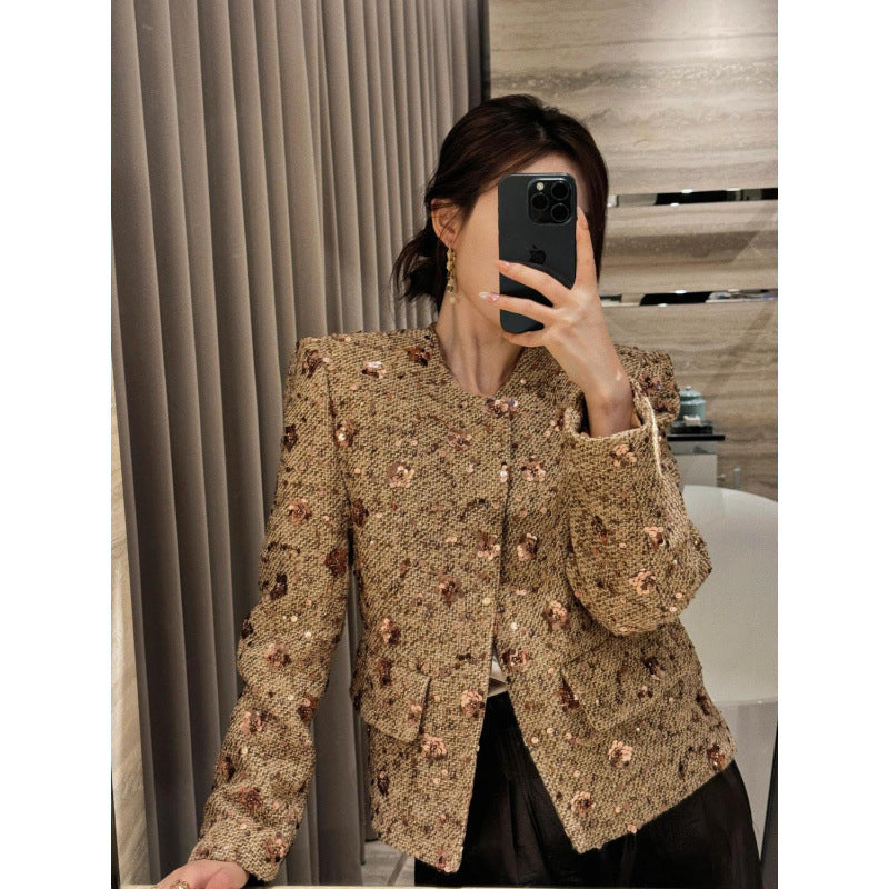 Gold Sequined Coat Tweed Padded Top