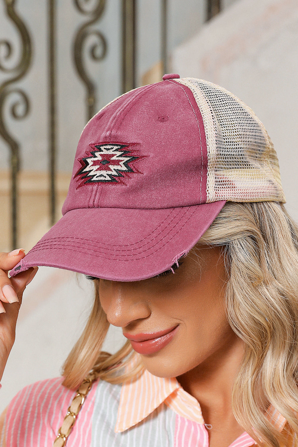Coral Geometric Pattern Distressed Baseball Cap