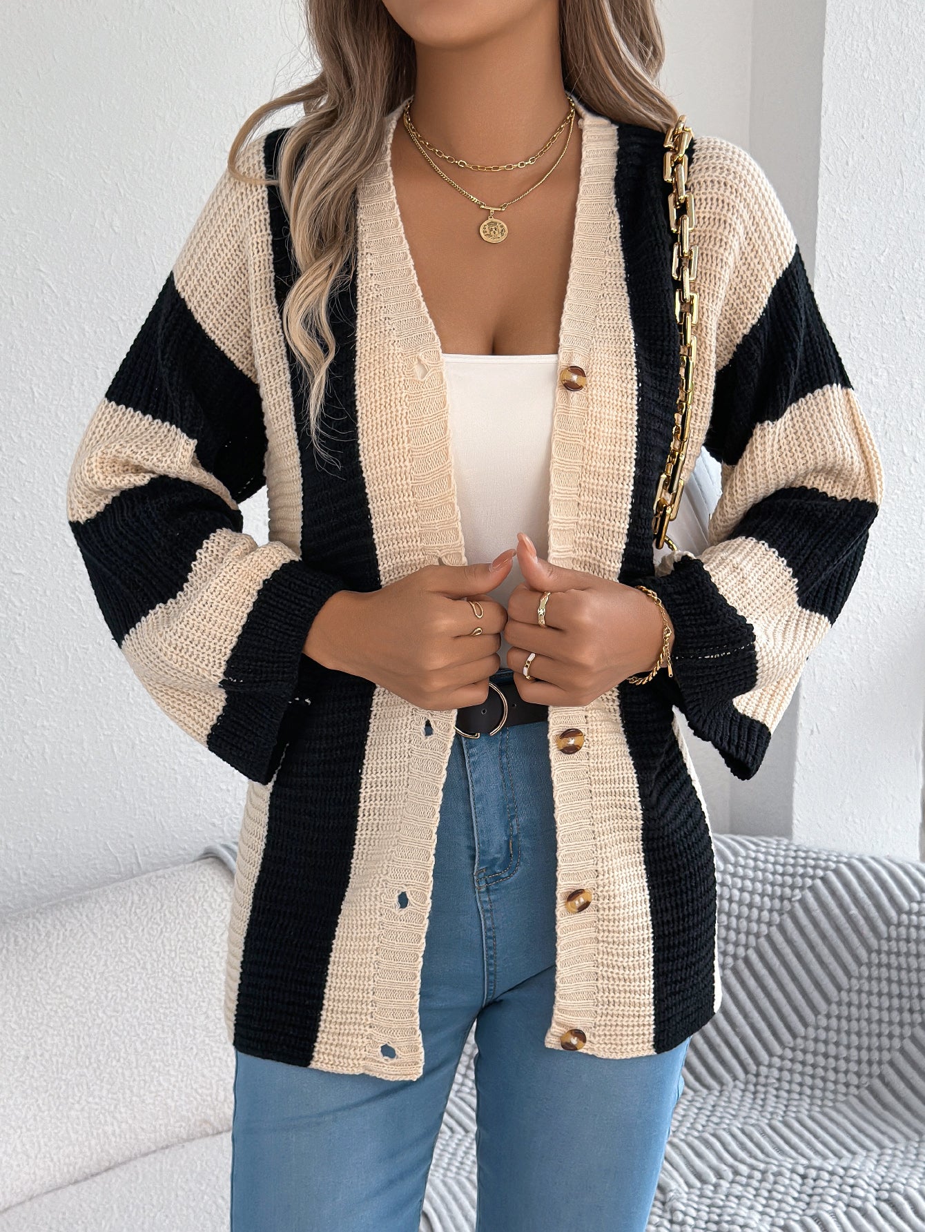 Women Color Block Stripe Bell Sleeve Long Sleeve Cardigan Sweater Coat