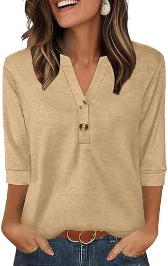 Womens Plus-Size Loose V-Neck Buttoned Three-Quarter Sleeve T-Shirt