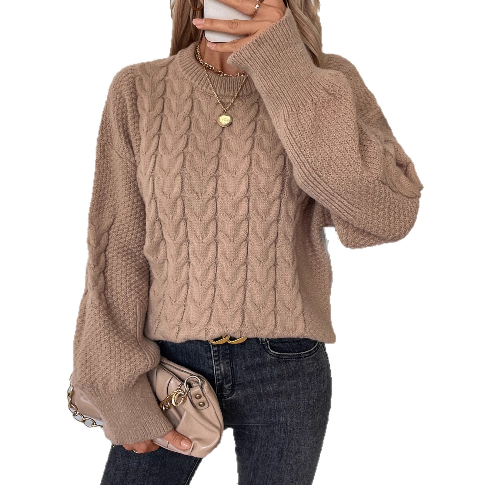 Women's Round Neck Solid Color Twist Casual Loose Sweater