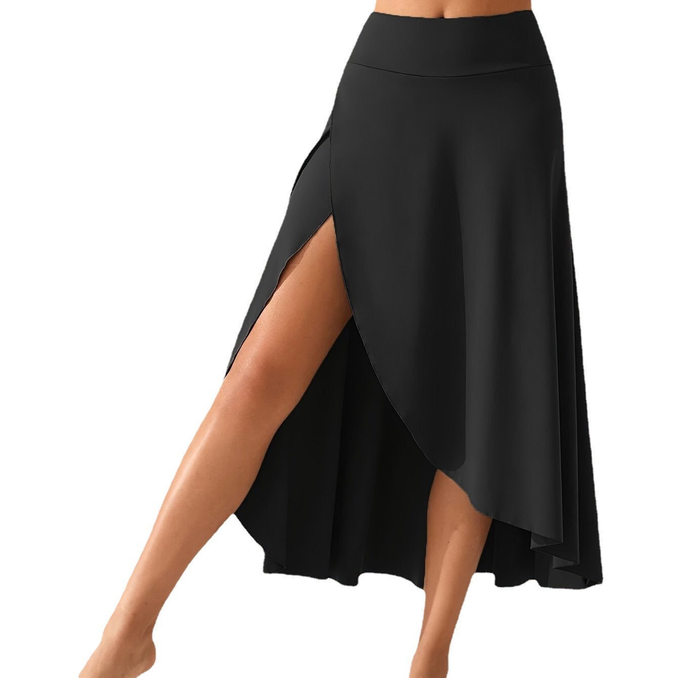 Womens Solid-Color High-Waisted Side-Slit Skirt