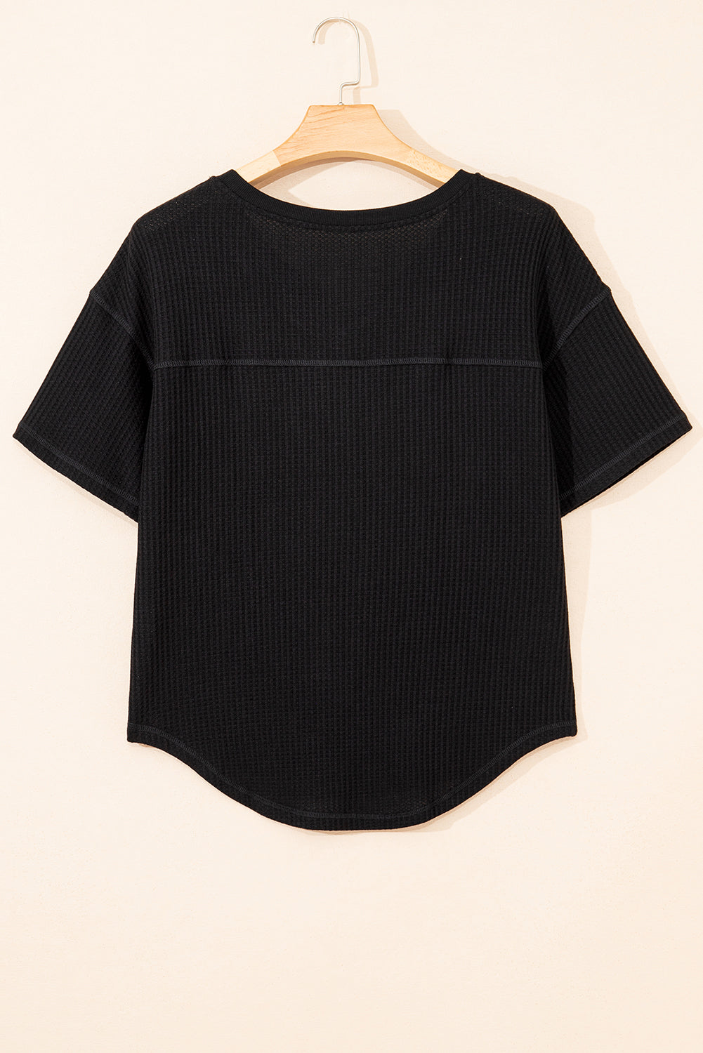 Black Waffle Texture Ribbed V Neck Drop Shoulder Loose Tee