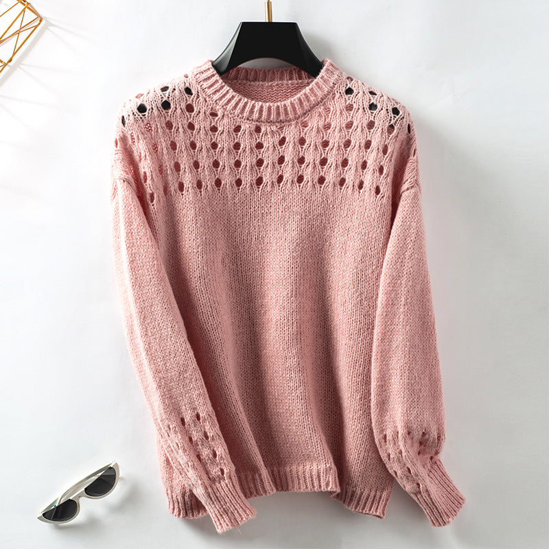 Women's Hollow Pullover Solid Color Round Neck Sweater
