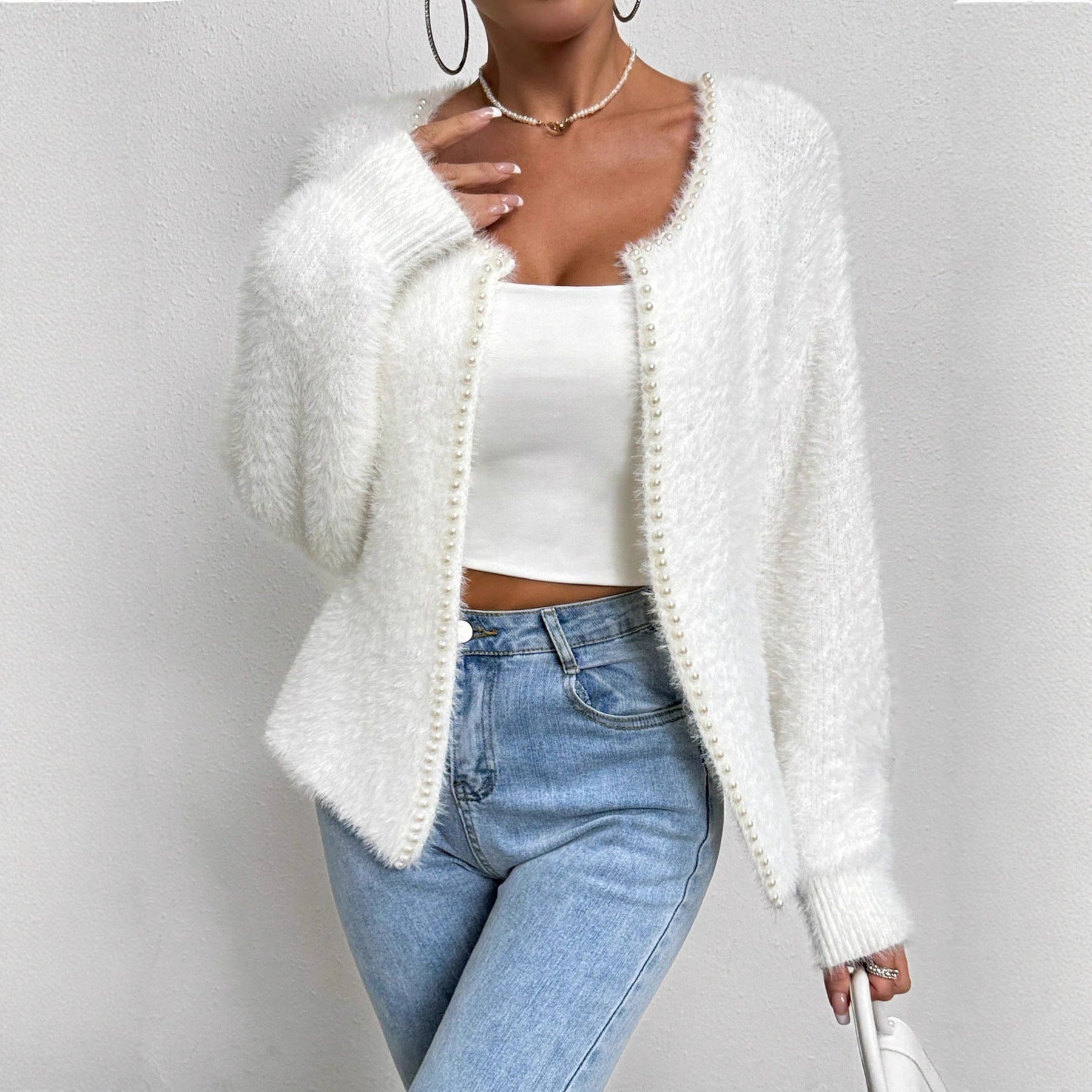 Women's Elegant Cardigan Sweater Solid Color And V-neck Fashion Bead Knitwear Coat