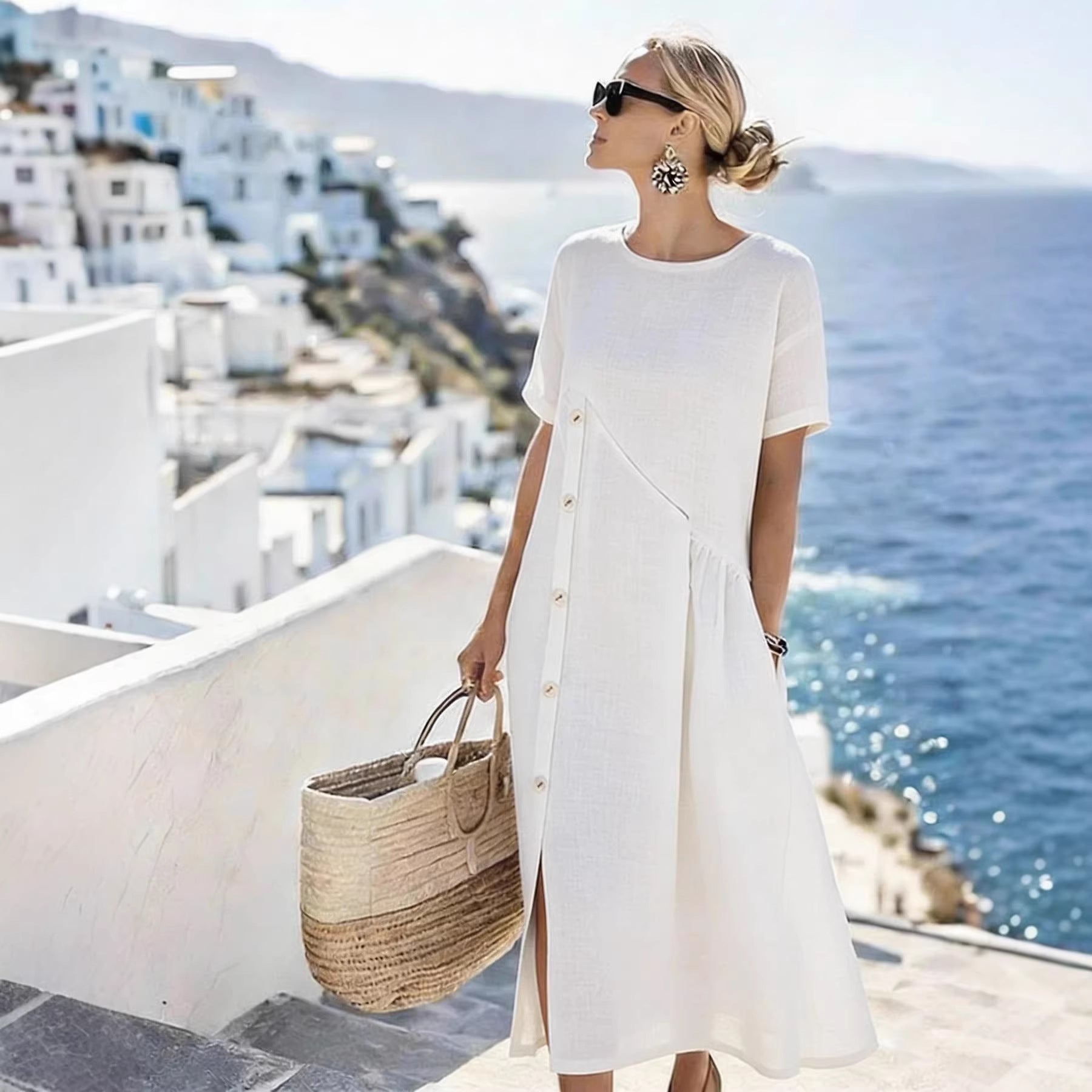 Button-embellished Pleated-pocket Mid-length Dress