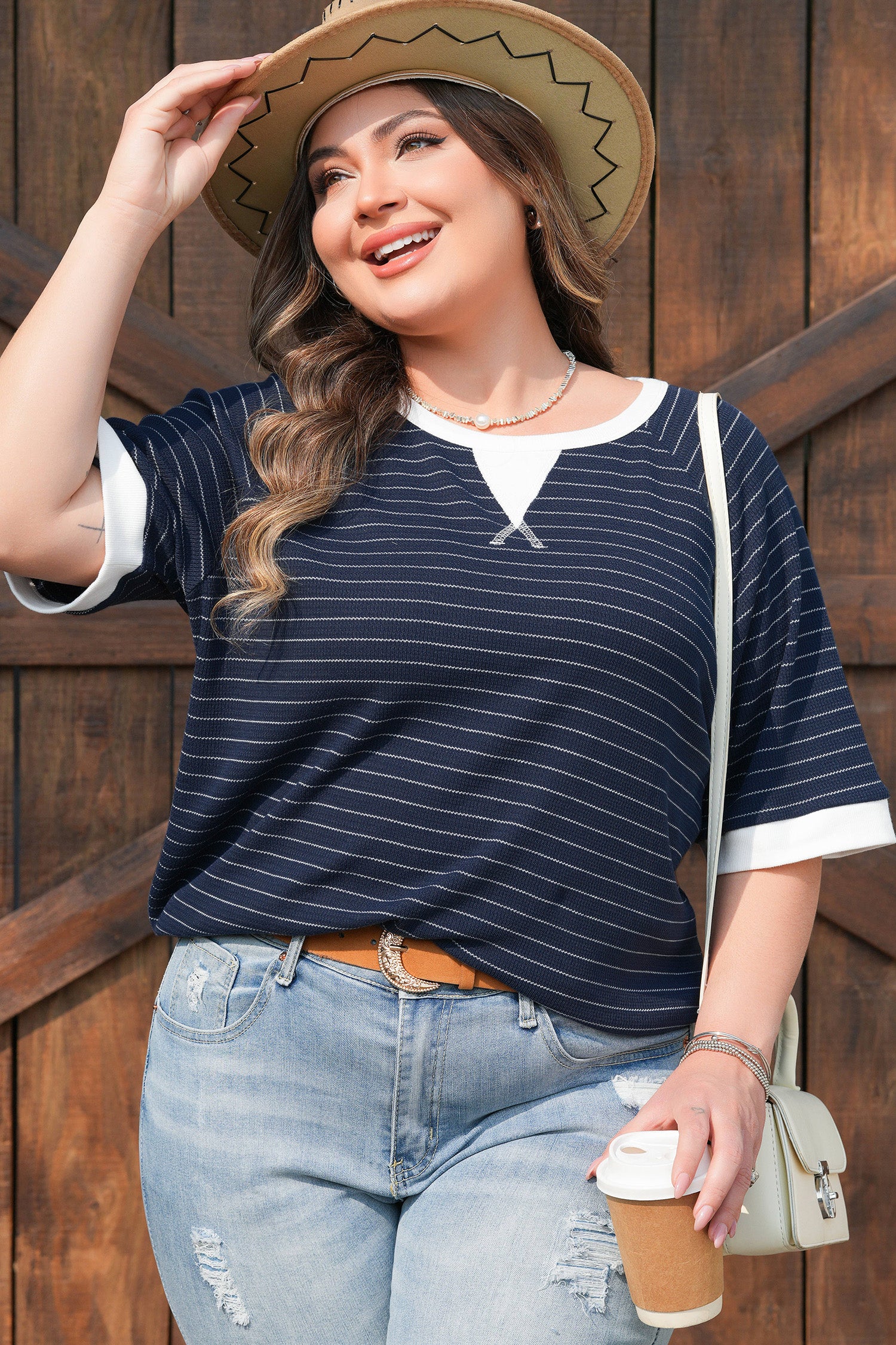 Blue Stripe Contrast Trim Plus Size Ribbed T Shirt