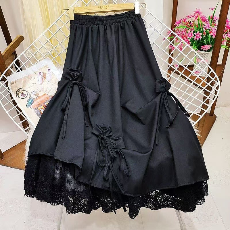 High-waisted Bow Heavy Work Spliced Lace A-line Midi Skirt