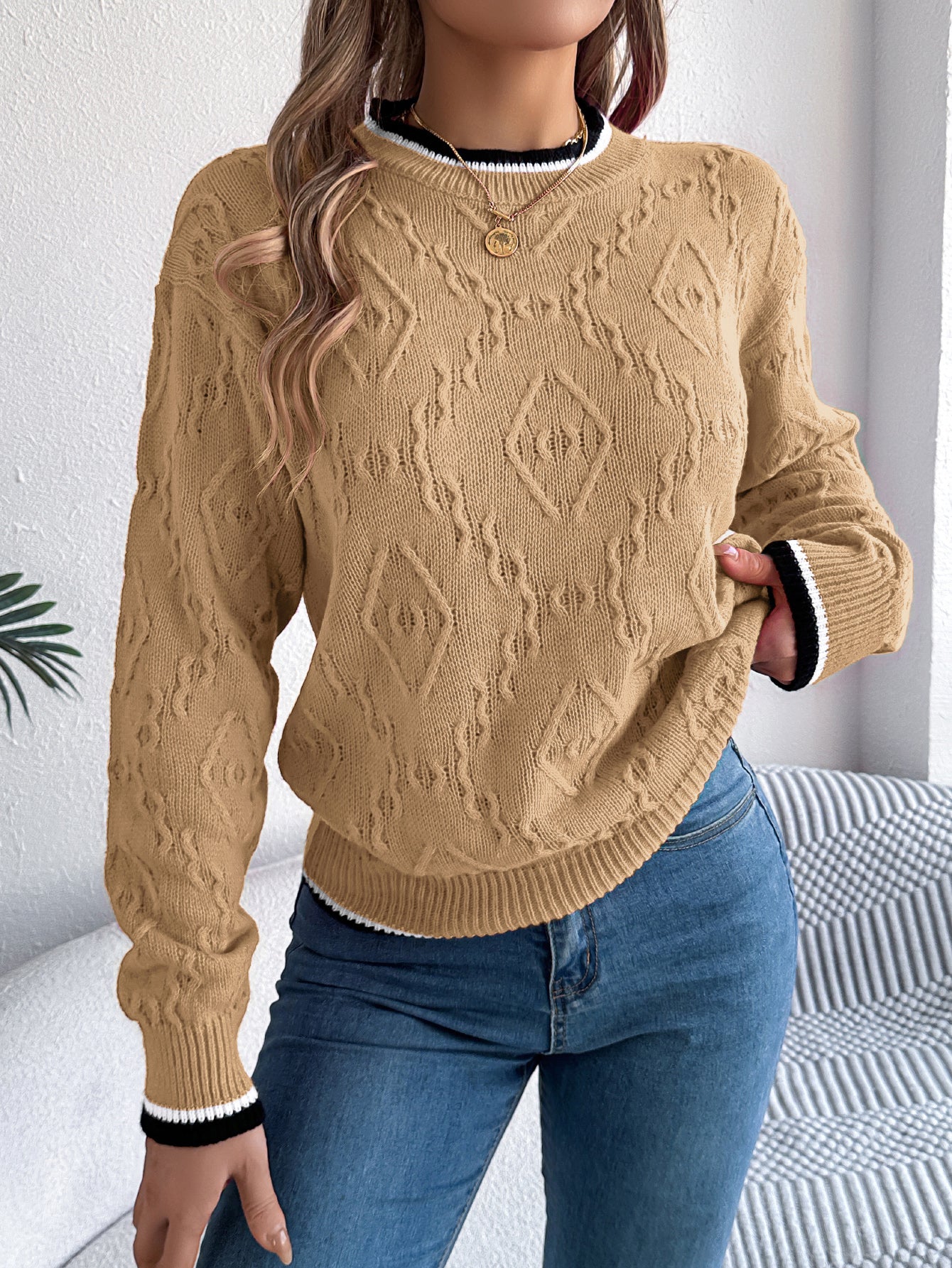 Women Casual Color Block Cable Knit Long Sleeve Pullover Sweater