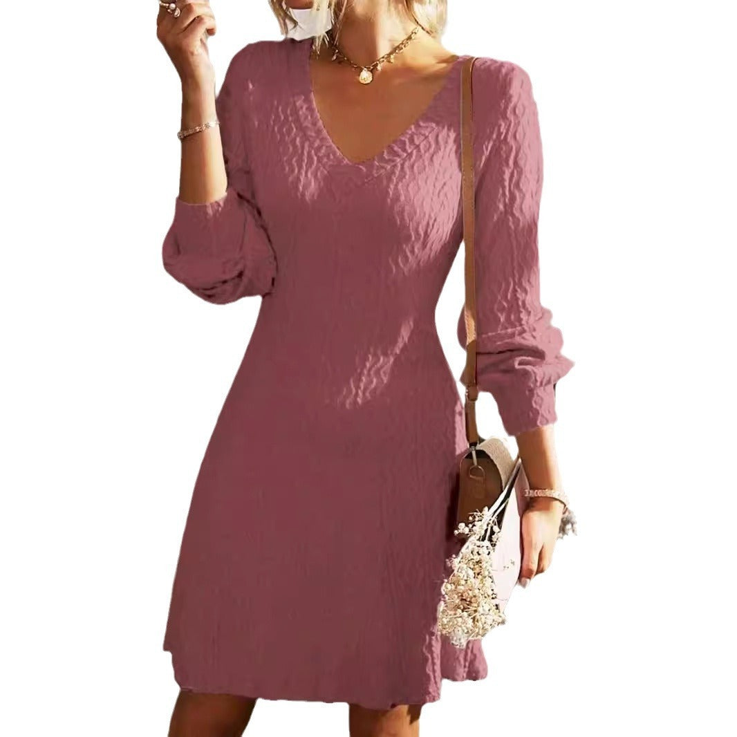 V-neck Textured Long Sleeve Elegant Dress