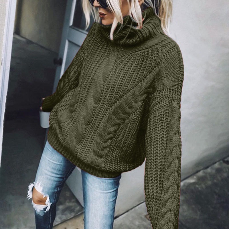 Women's Cable Knit Turtleneck Sweater, Classic Long Sleeve Winter Knitwear For Casual And Formal Wear