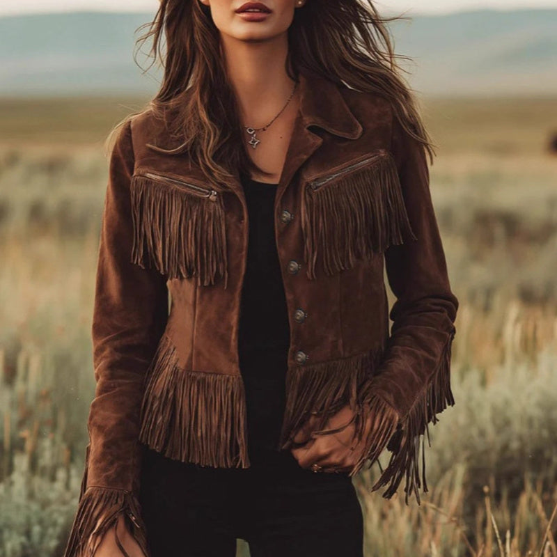 Women's Solid Color Fringe Suede-Look Jacket, Western Style Long Sleeve Button Front Coat For Fall & Winter