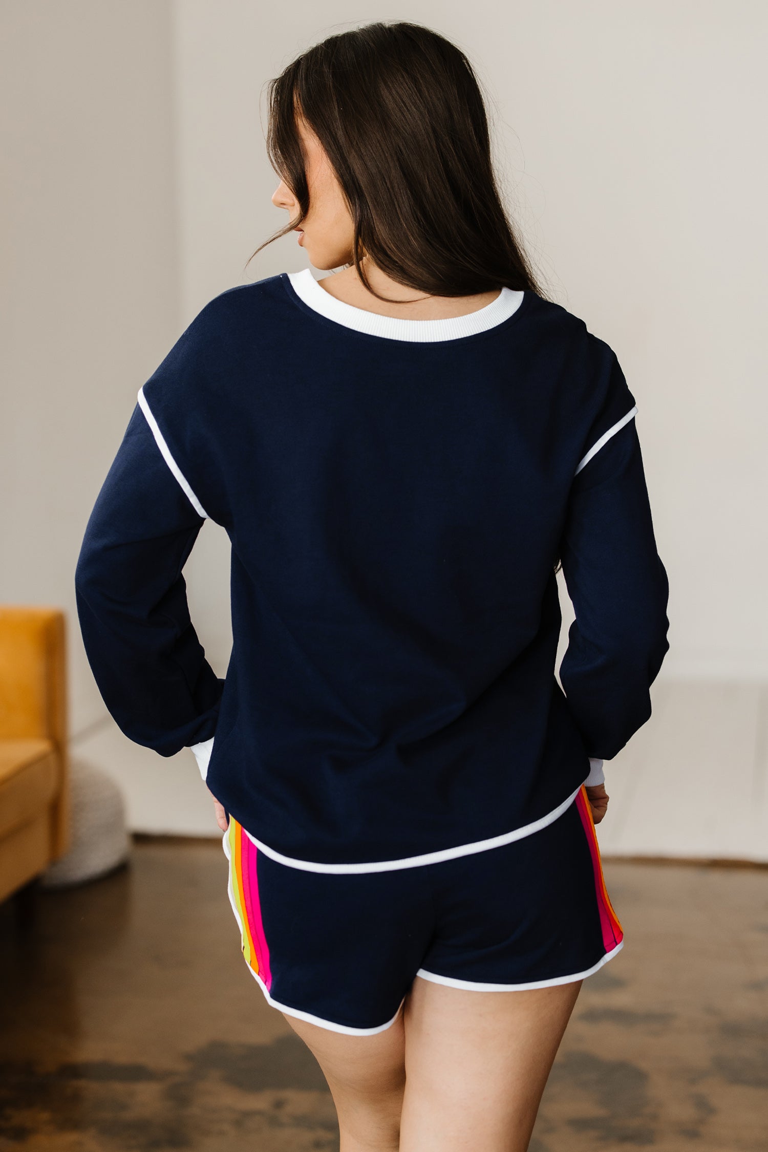 Bluing Colorful Striped Accent Varsity Long Sleeve Pullover and Shorts Matching Set