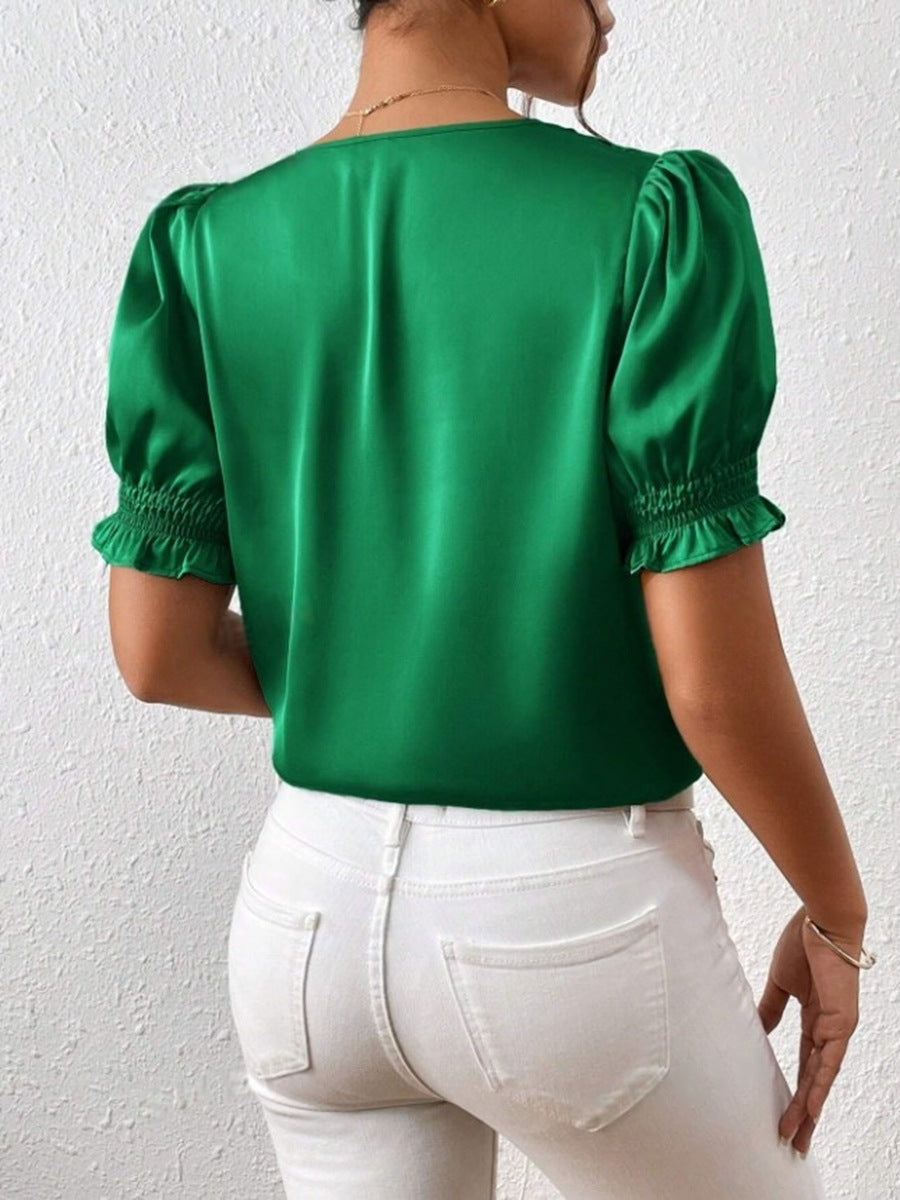 New Satin V-neck Buttons Casual Short-sleeved Ruffled Blouse