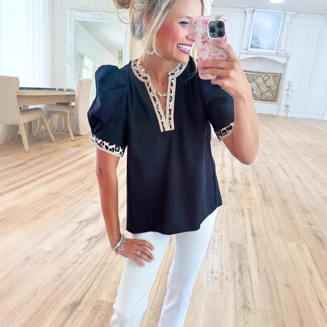 Leopard-print Contrast-color V-neck Puffed-sleeve Top