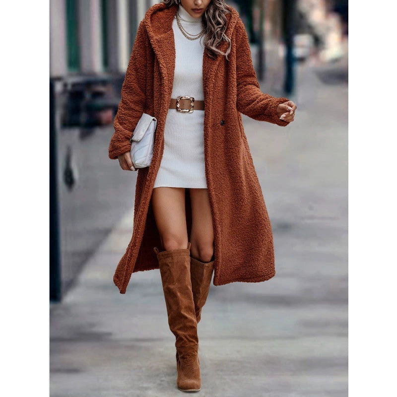 Fashionable Long Solid-color Long-sleeve Plush Hooded Jacket For Women Coat