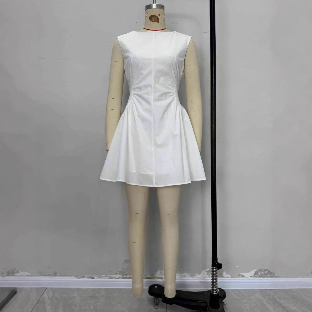 French-style Fashionably Simple Solid-color Versatile Boat-neck Dress