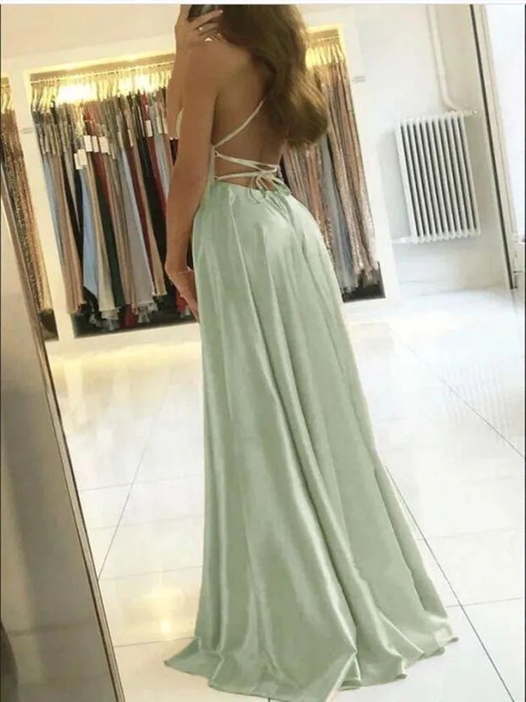 Elegant Women Maxi Beach Satin Dress Leg Slit Lace Up