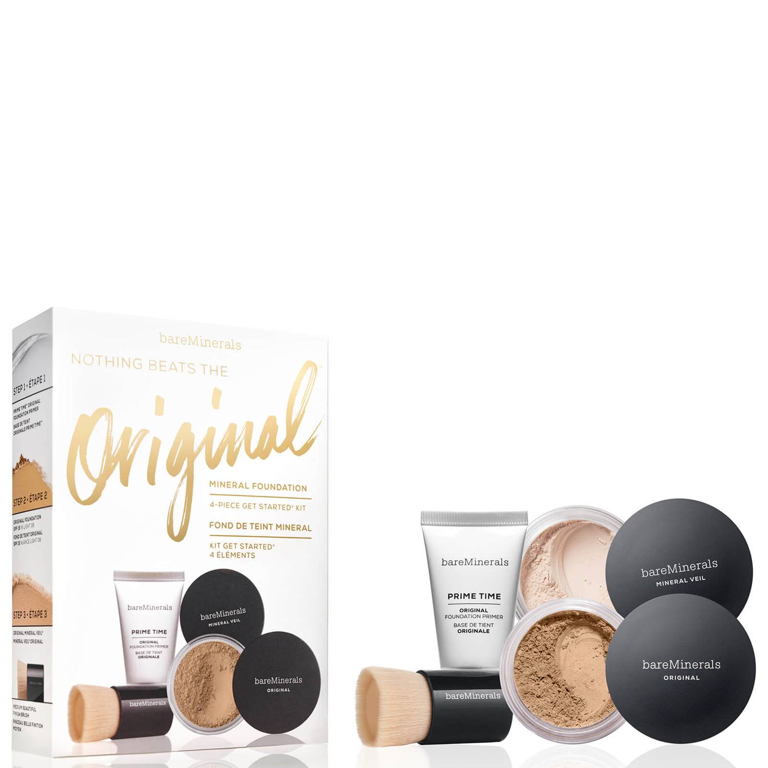 Nothing Beats The Original Set BareMinerals: BareMinerals, Setting, Powder Brush + Mineral Veil, Matte Finish, Loose Setting Powder, Golden Tan, 2 g + Original, Liquid Foundation, SPF 15, 2 g + Prime Time, Vitamin E, Smooth Wear, Foundation Primer, Gol...