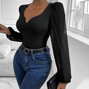 Ladies' Mesh V-neck Patchwork Jumpsuit
