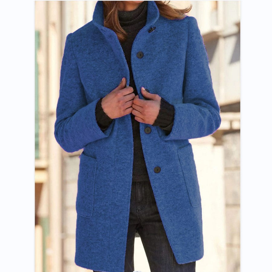 Stand Collar Woolen Coat With Pockets Fall Casual Button Outwear