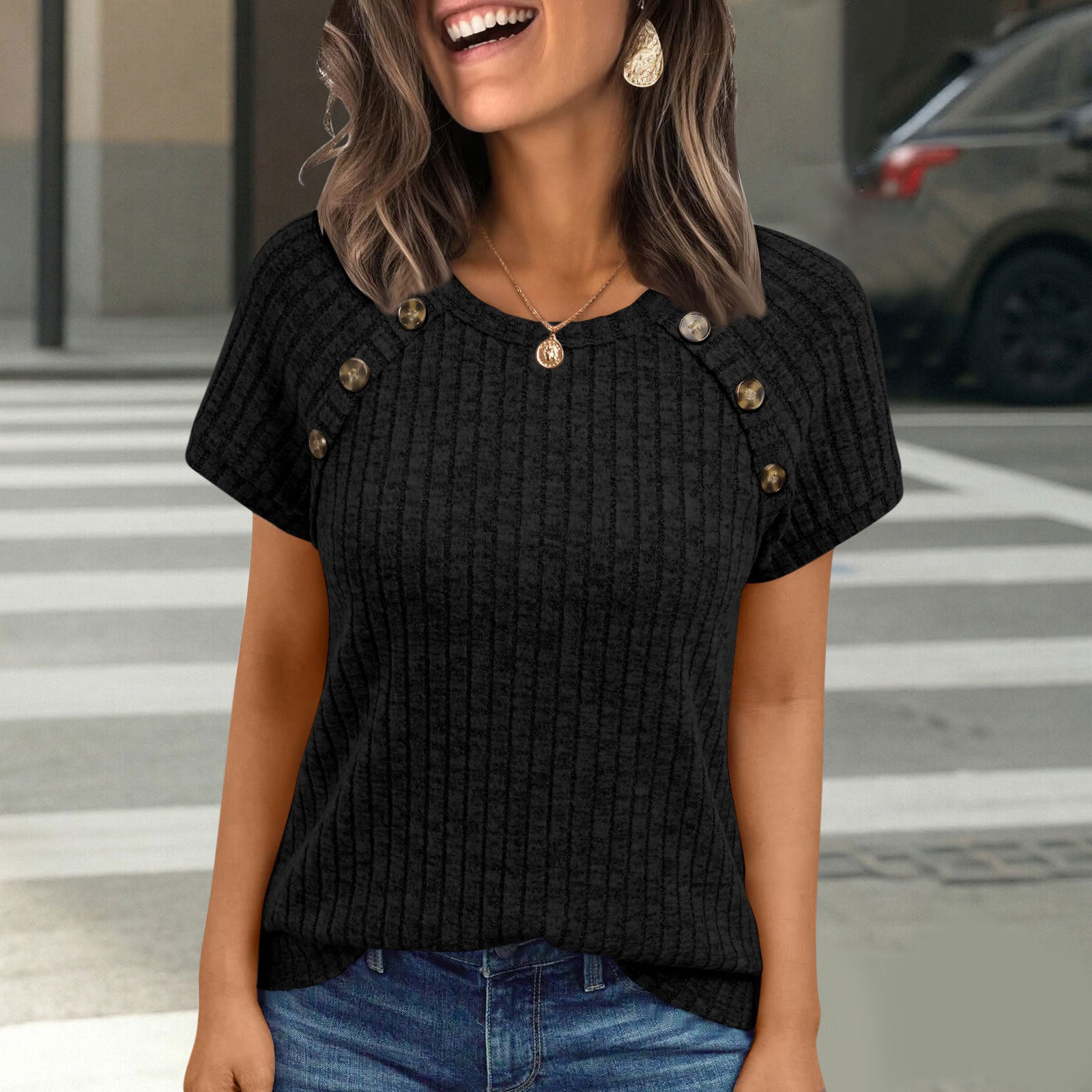 Knitted Short-Sleeve Top Womens Crew-Neck Buttoned Design Slim-Fit T-Shirt