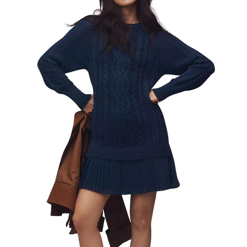 Women's Solid Color Cable Knit Sweater With Lace Hem, Round Neck Long Sleeve Top For Autumn And Winter