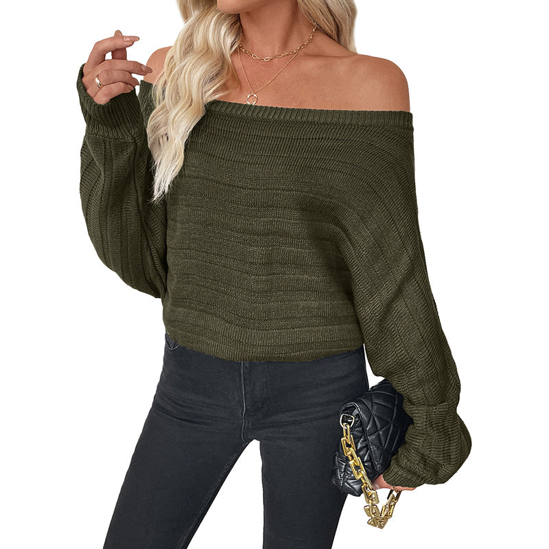 Casual Lightly Mature Loose Horizontal Striped Off-shoulder Green Sweater For Women