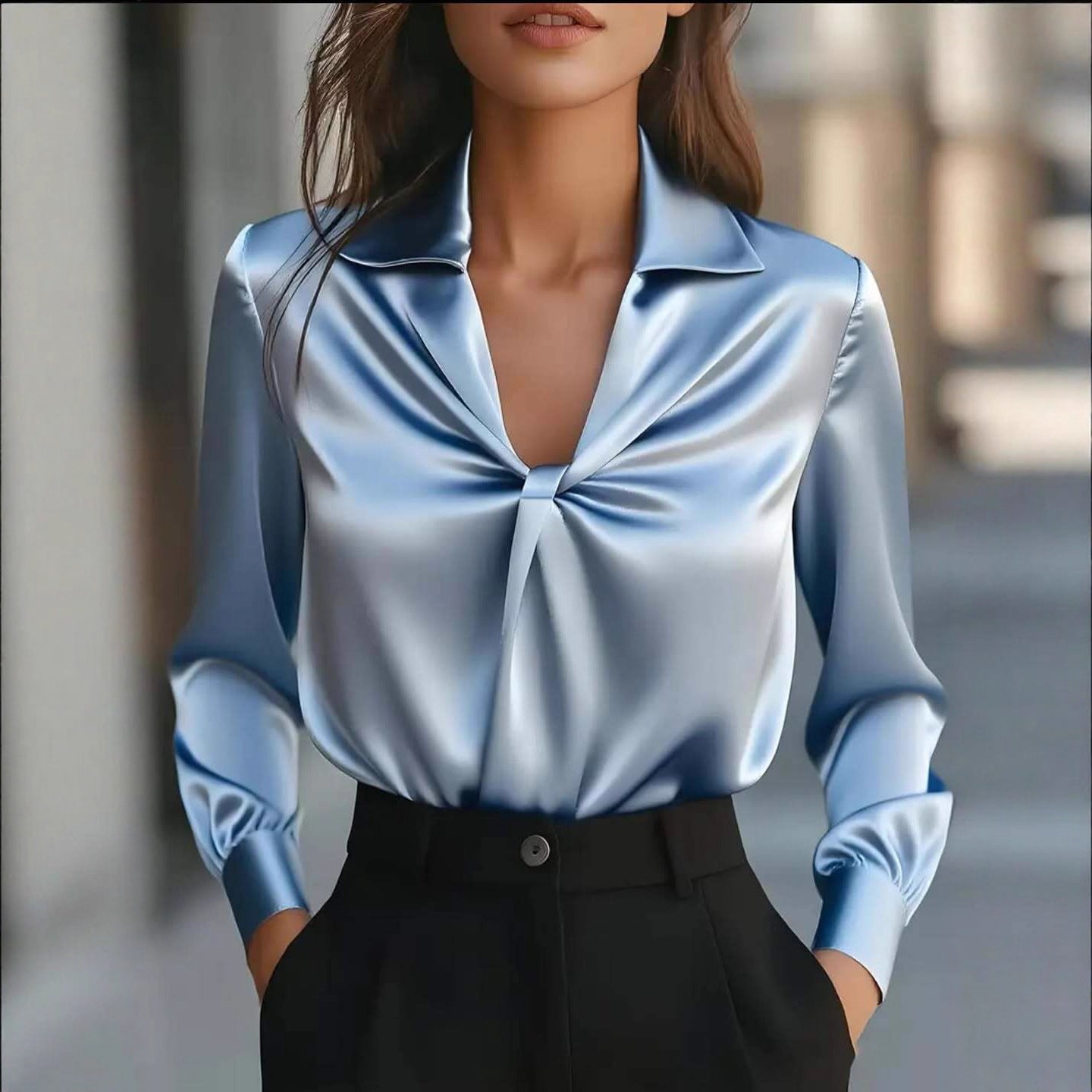 Autumn Fashion Temperament Solid Color Satin Pleated Long Sleeve Shirt Women