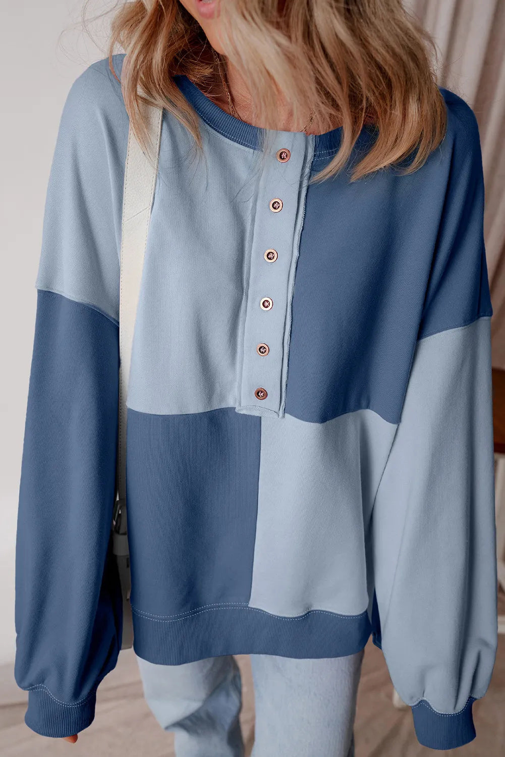 Beau Blue Colorblock Henley High Low Oversize Sweatshirt