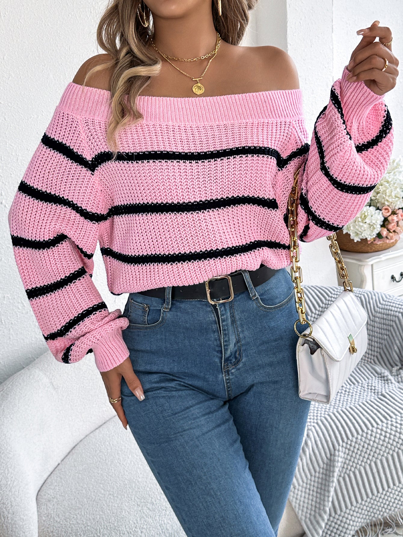 Casual Striped Off-Shoulder Lantern Sleeve Pullover Sweater