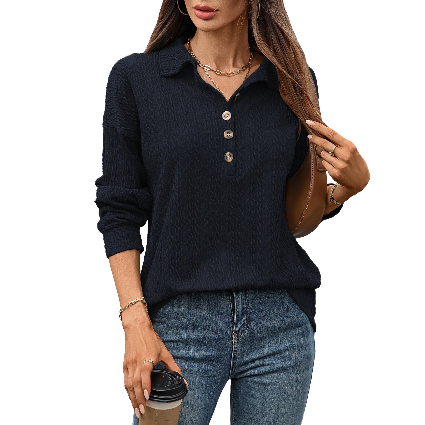 Solid Color Polo Collar Button Loose Long Sleeve Sweatershirt