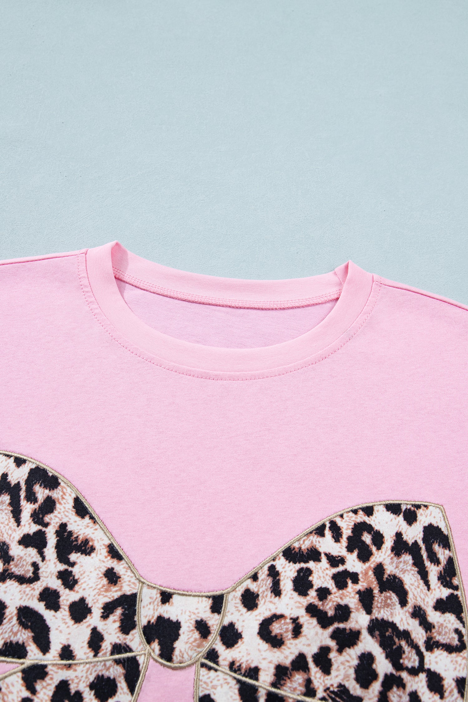 Pink Leopard Bow Embroidered Cotton Round Neck T Shirt