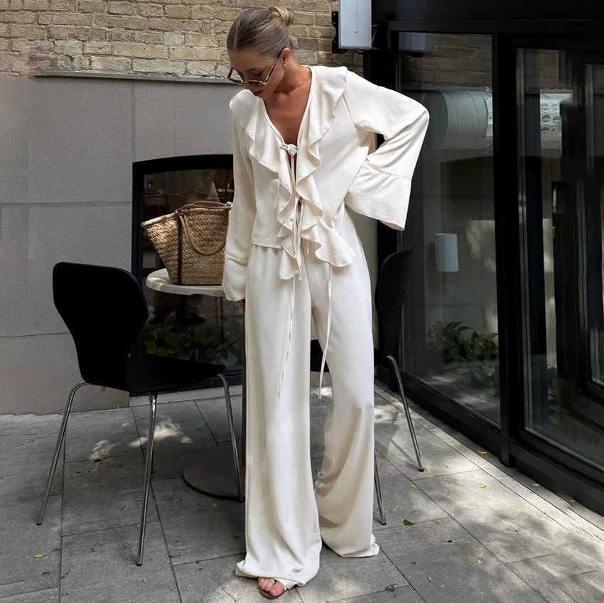 V-neck Ruffled Long-sleeve Shirt And High-waist Wide-leg Pants Two-piece Set