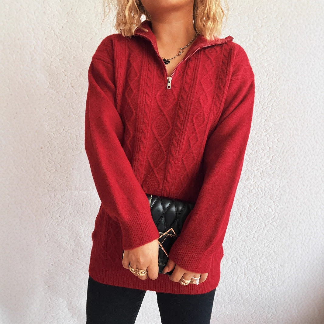 Solid Color Casual Zipper Knitted Sweater For Women