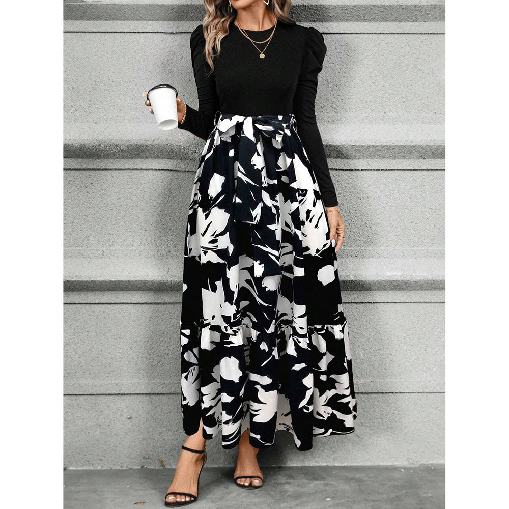 Womens Autumn Floral Print Crew-Neck Long-Sleeve Dress
