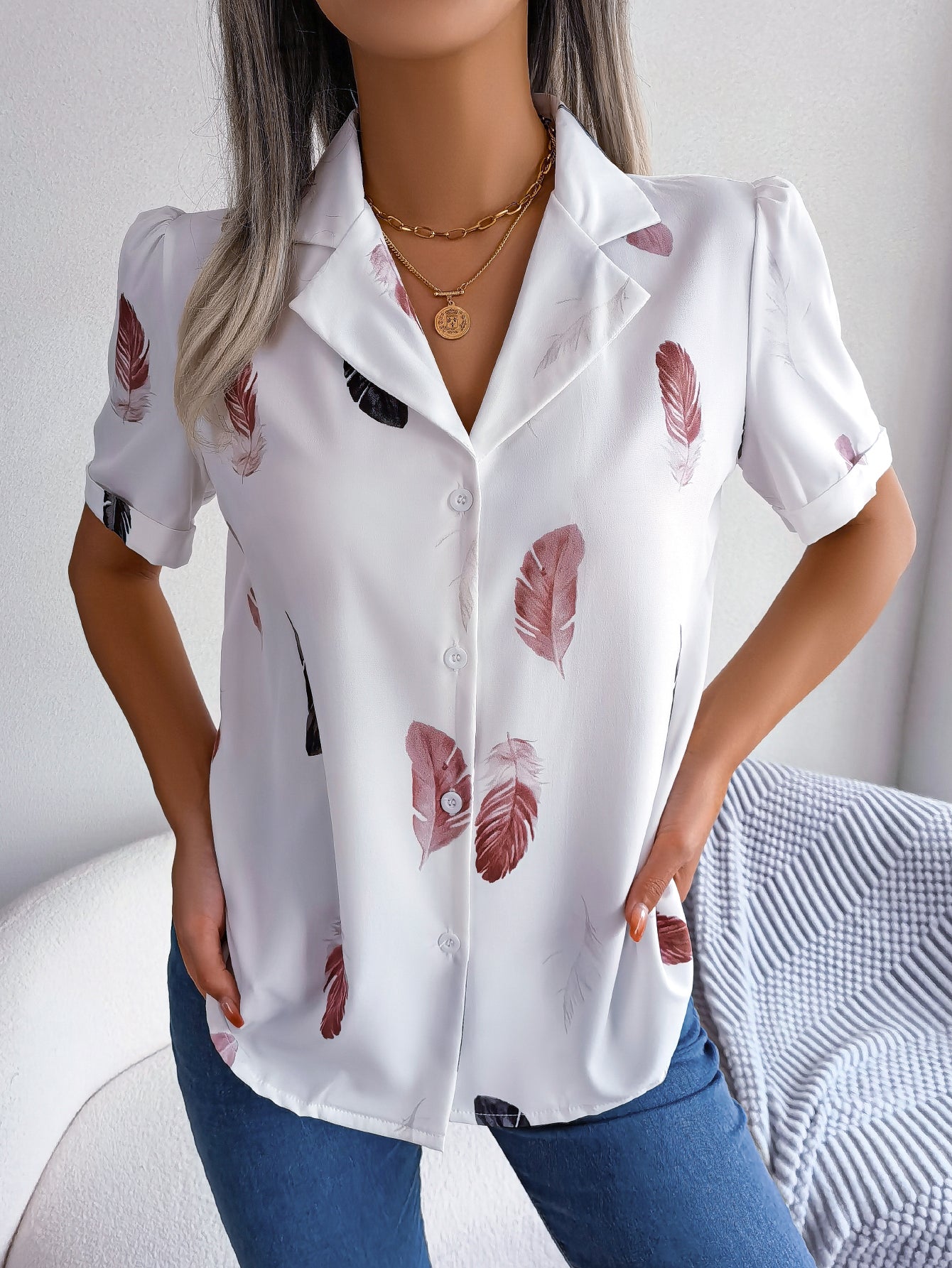 Women   Elegant Notched Lapel Feather Loose Short Sleeve Shirt