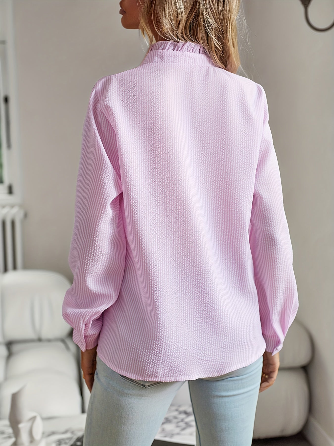 2026 New Western Style Cross-border Stand Collar Autumn Ruffled Cardigan Ruffle Long Sleeve Bubble Top Women's Shirt