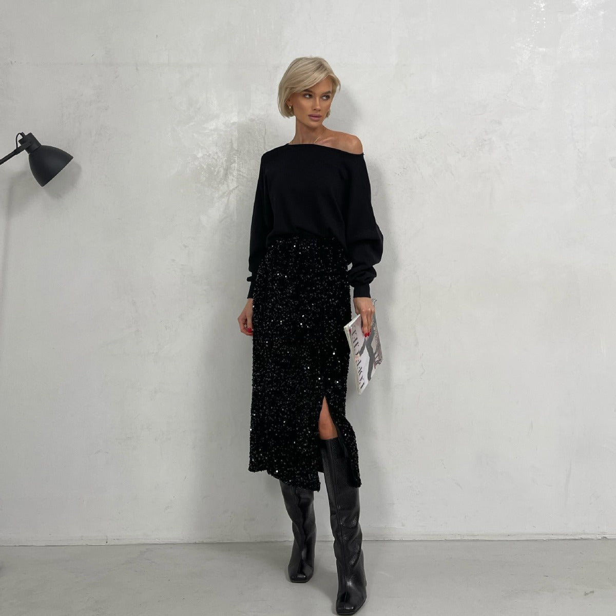 Sequins Skirt Party Sheath High Waist Slit Midi Skirt