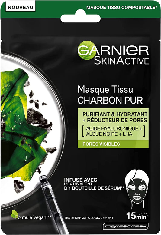 Garnier, Skin Active - Pure Charcoal, Paraben-Free, Mattifying & Hydrating, Sheet Mask, For Face, Day, 28 g