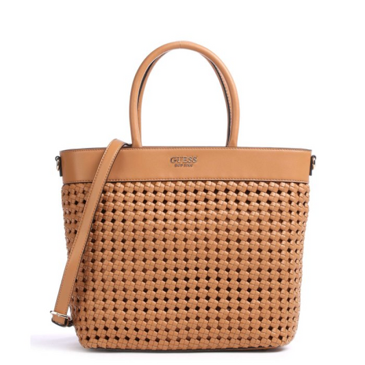 Guess, Sicilia, Synthetic Leather, Textile Handbag, Lined Compartment, Cognac, HWWG8490230, 30 x 30 x 12 cm