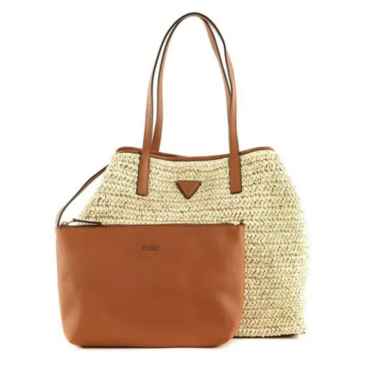 Guess, Vikky, Textile Handbag, Large Tote, Natural / Cognac, 205222, 50 x 34 x 3 cm