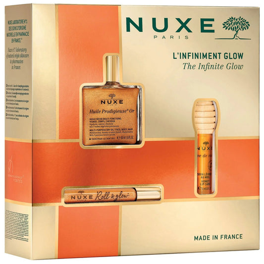 Infinite Glow Set Nuxe: Huile Prodigieuse Or Multi-Purpose, Body Oil, All Over The Body, 50 ml + Huile Prodigieuse Or Multi-Purpose, Nourishing, Roll-On Body Oil, 8 ml + Reve de Miel, Honey, Lip Balm, 10 g