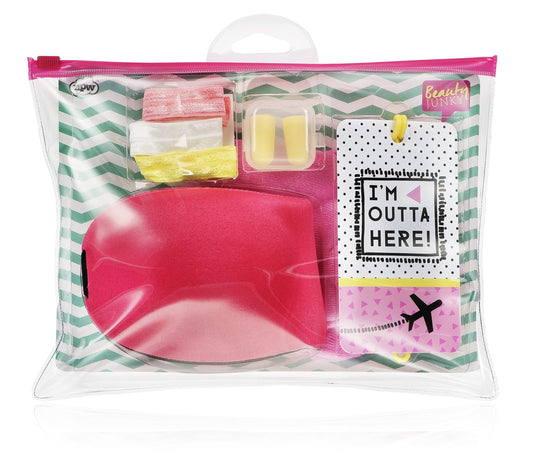 Inflight Essential Kit Set Beauty Junky: Beauty Junky, Hair Elastic, 3 pcs + Beauty Junky, Foam Earplugs + Beauty Junky, Luggage Tag, Metal Keyring + Beauty Junky, Textile Socks, For Women + Beauty Junky, Sleep Mask, Universal