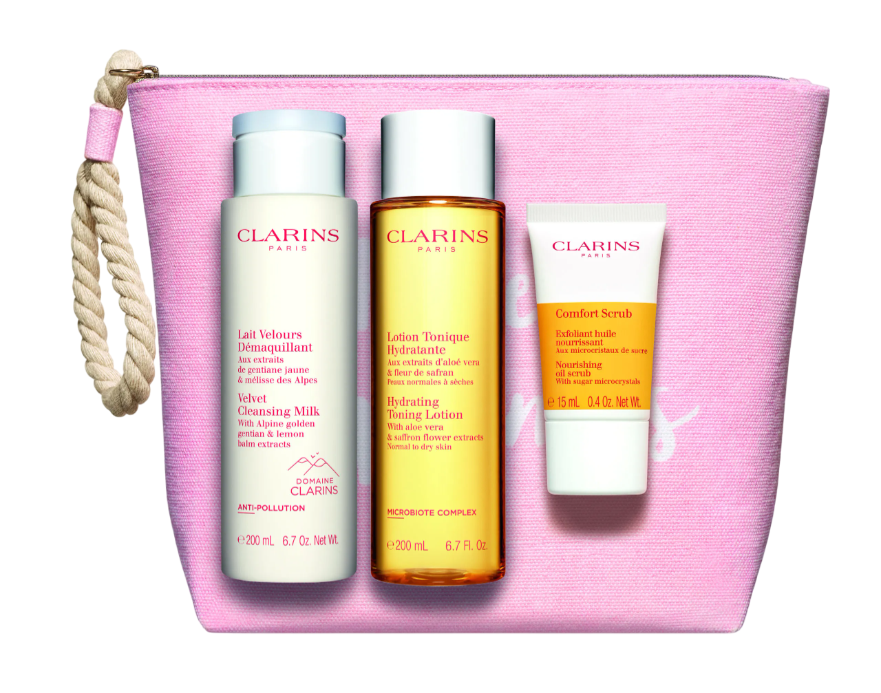 Set Clarins: Comfort, Exfoliating Scrub, 15 ml + Velourse, Anti-Pollution, Cleansing Milk, For Face, 200 ml + Hydrating, Aloe Vera, Hydrating, Tonic Lotion, For Face, 200 ml