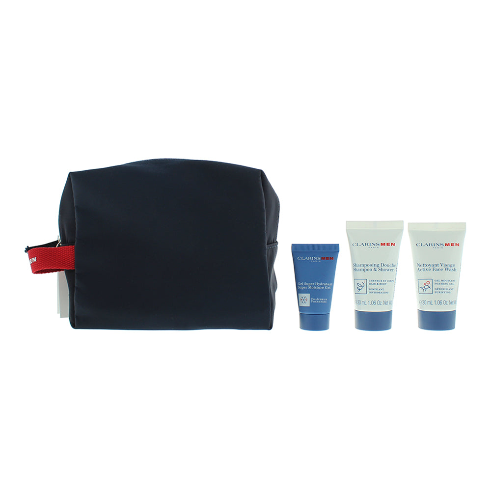 Set Clarins: Men, Eliminates Impurities, Cleansing Gel, 30 ml + Men, Shower Gel & Shampoo 2-In-1, 30 ml + Clarins, GWP Textile Pouch, Black
